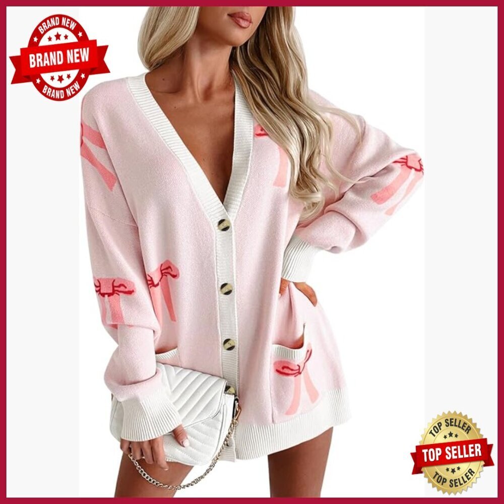 Oversized V-Neck Cardigan Sweater with Bow Print, Loose Knit, Long Sleeve